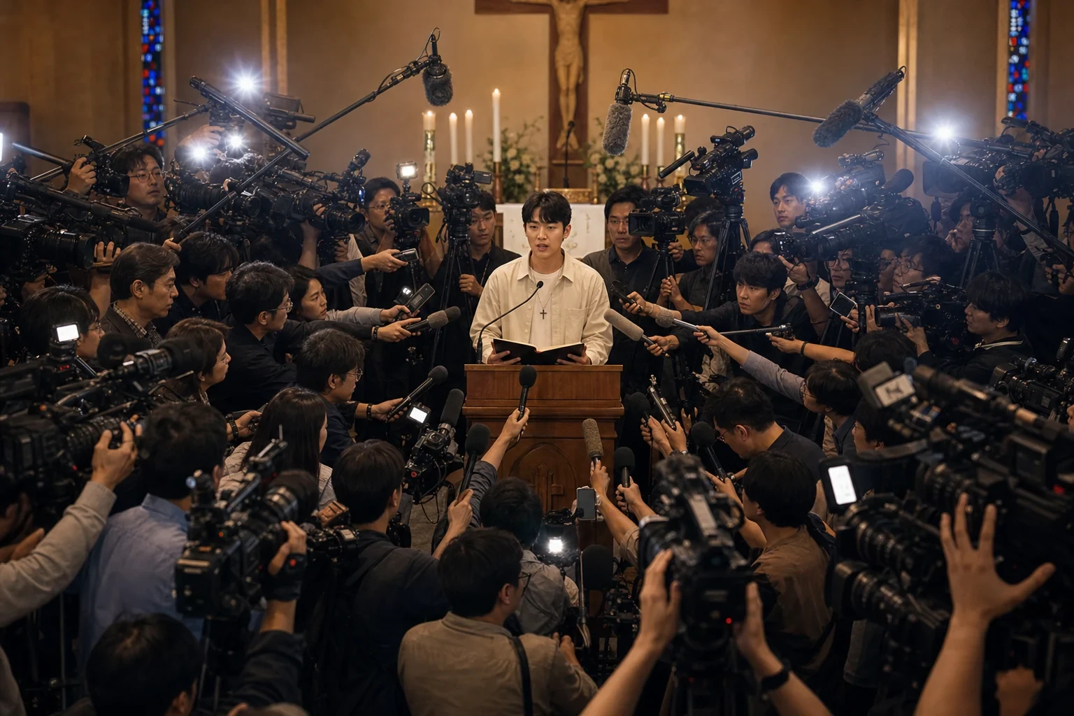 독서대에 선 사람이 수많은 마이크와 카메라에 둘러싸여 기자회견을 하는 듯한 이미지
